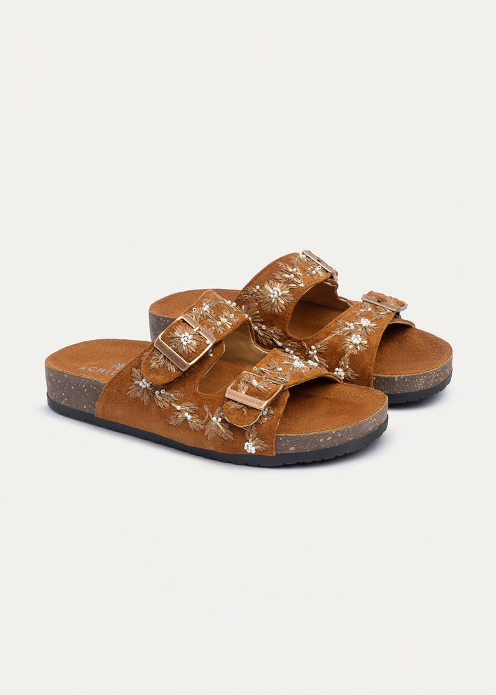 Floral Grace Buckle Slides | Cinnamon