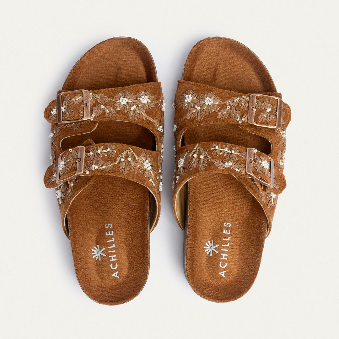 Achilles | Floral Grace Buckle Slides - Cinnamon