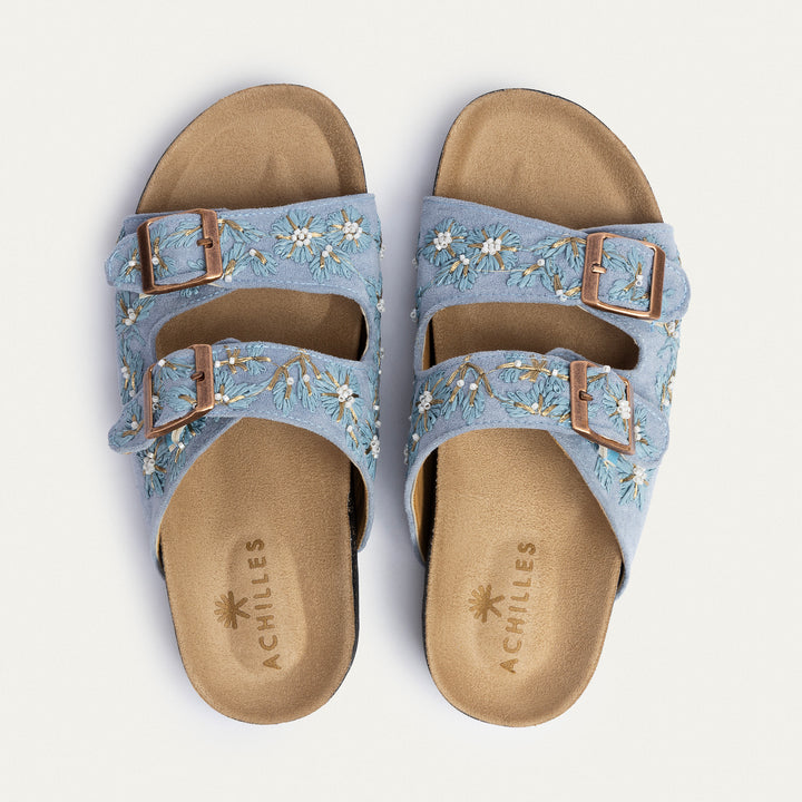 Floral Grace Buckle Slides | Sky Blue