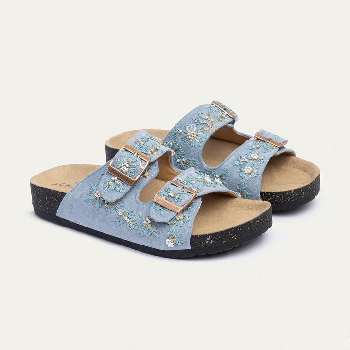 Floral Grace Buckle Slides | Sky Blue