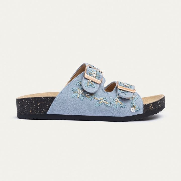 Floral Grace Buckle Slides | Sky Blue
