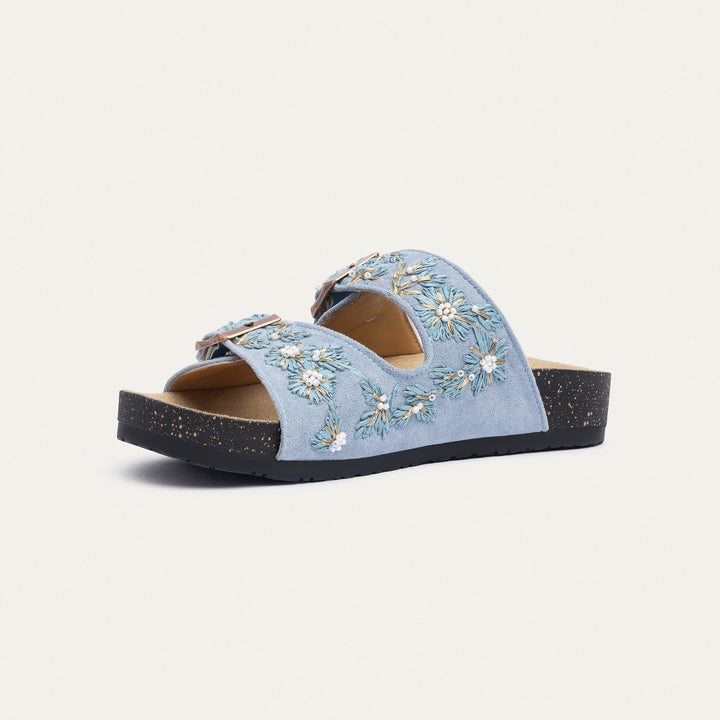 Floral Grace Buckle Slides | Sky Blue
