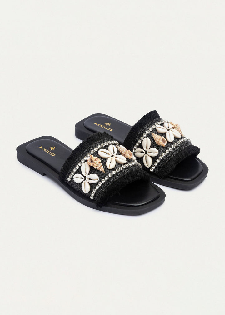 Seashore Shell-Embellished Slides | Black