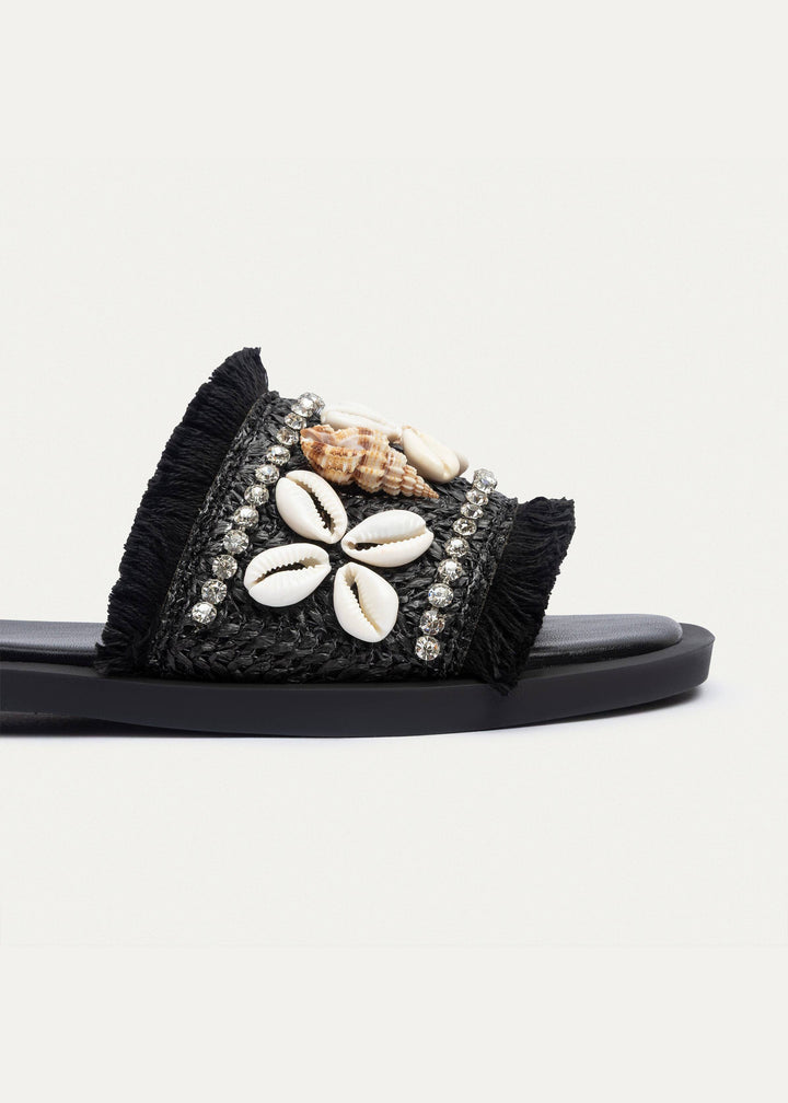 Seashore Shell-Embellished Slides | Black