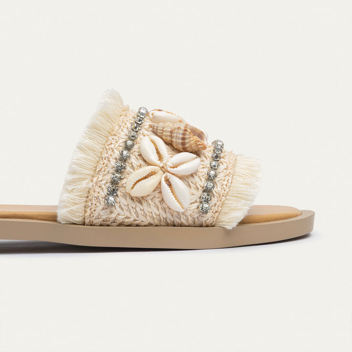 Seashore Shell-Embellished Slides | Beige