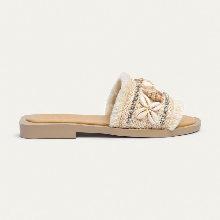 Seashore Shell-Embellished Slides | Beige