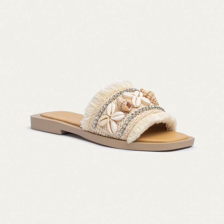 Seashore Shell-Embellished Slides | Beige