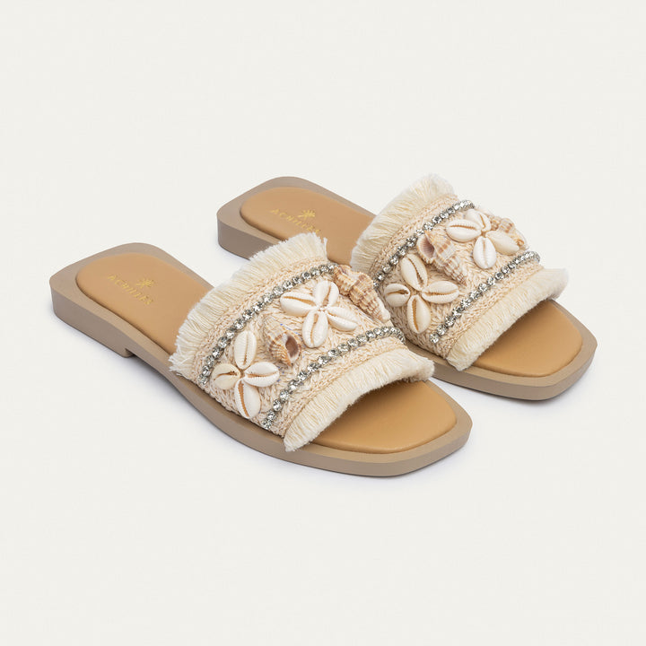 Seashore Shell-Embellished Slides | Beige