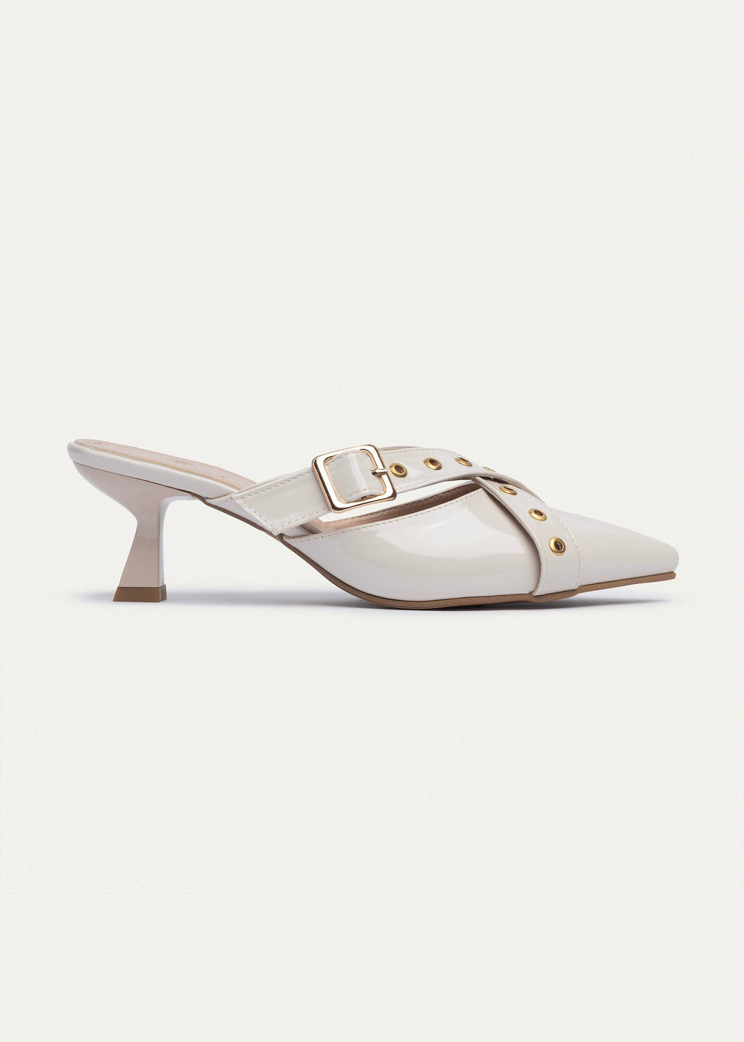 Achilles| Clara Buckled Patent Mules -Beige