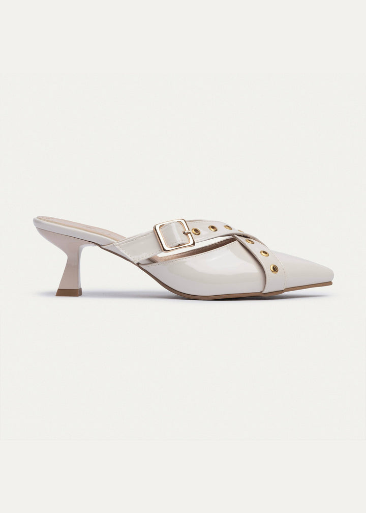 Achilles| Clara Buckled Patent Mules -Beige