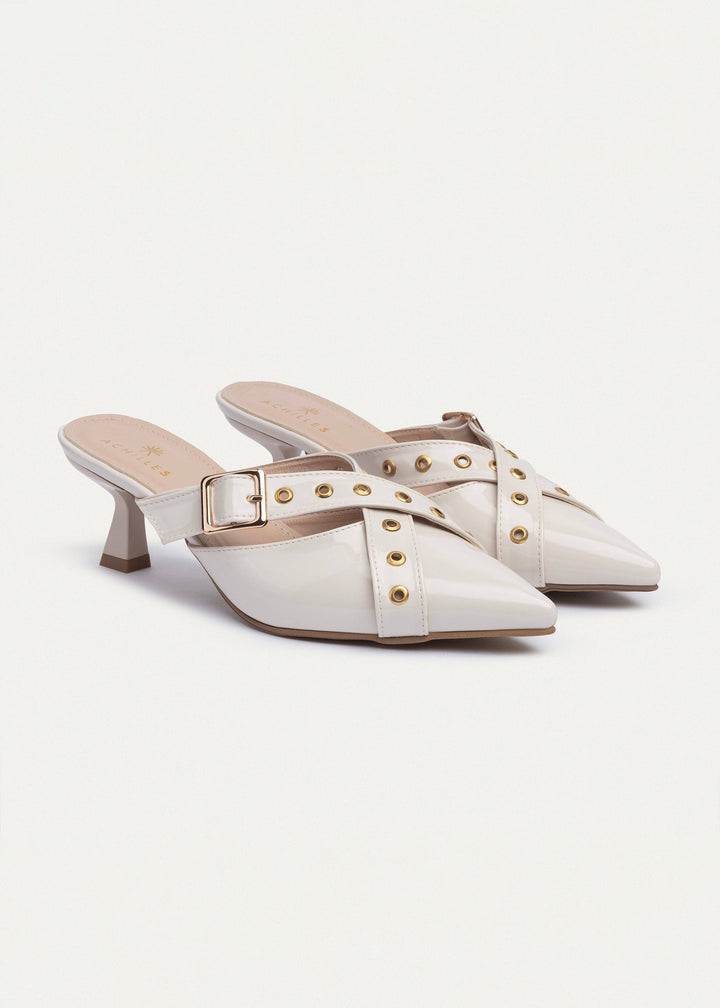 Achilles| Clara Buckled Patent Mules -Beige