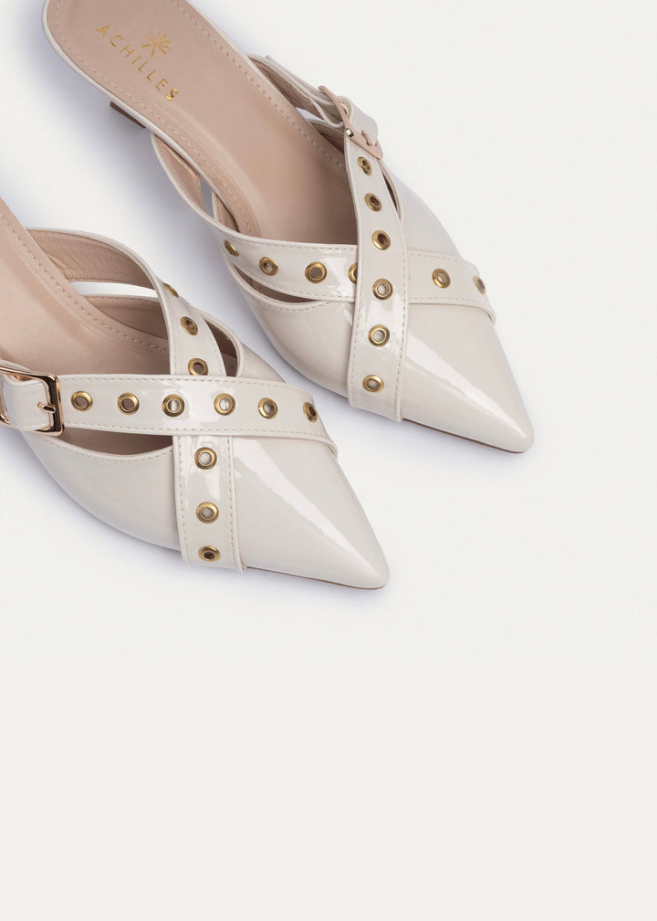 Clara Buckled Patent Mules | Beige