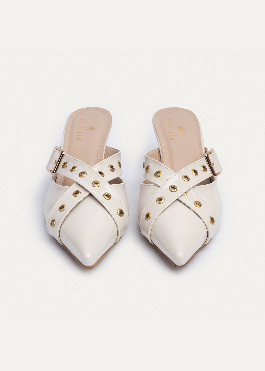 Achilles| Clara Buckled Patent Mules -Beige