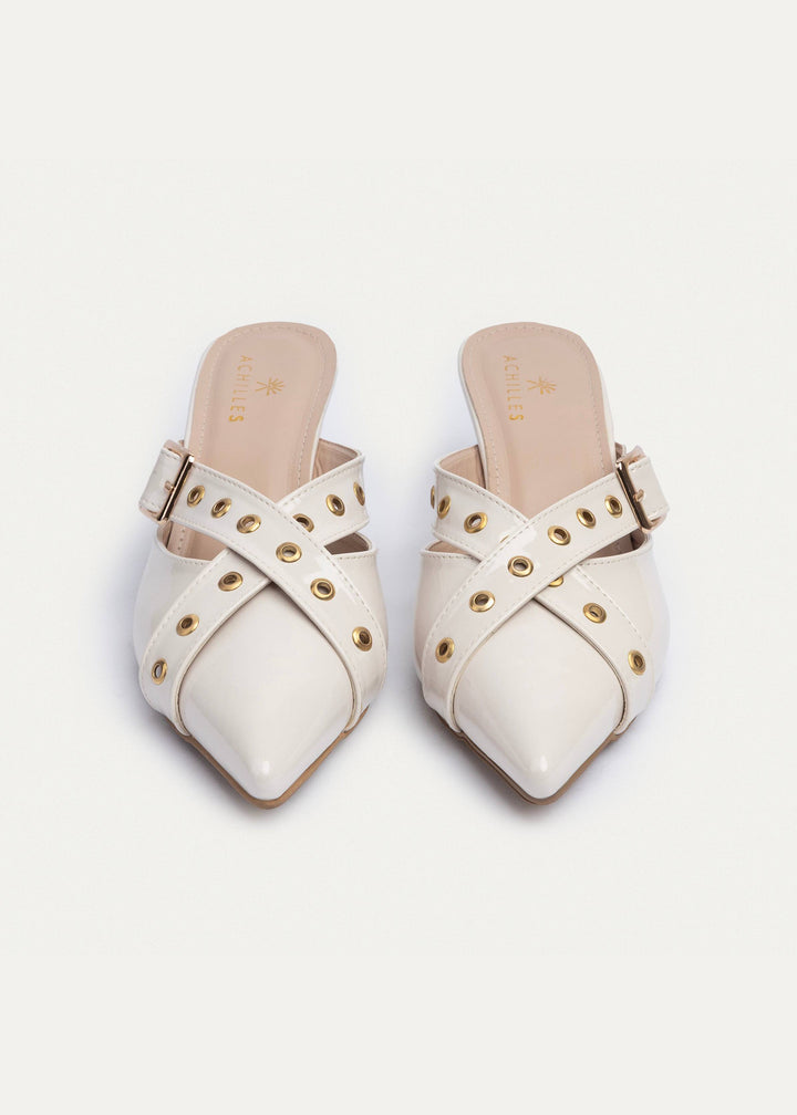 Achilles| Clara Buckled Patent Mules -Beige