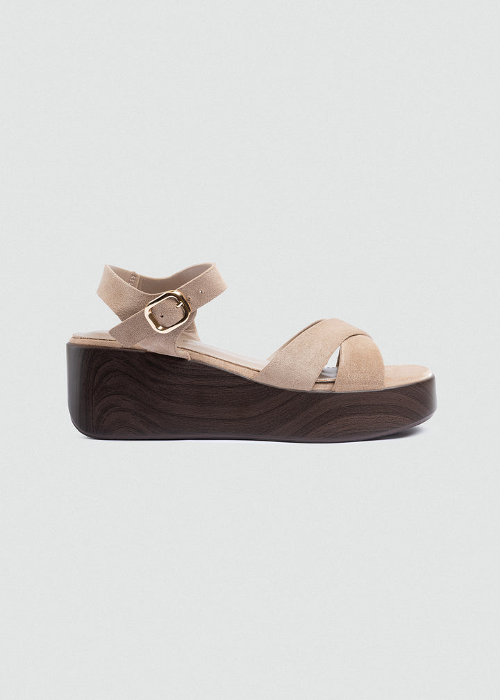 Suede Crisscross Flatform Sandals - Beige