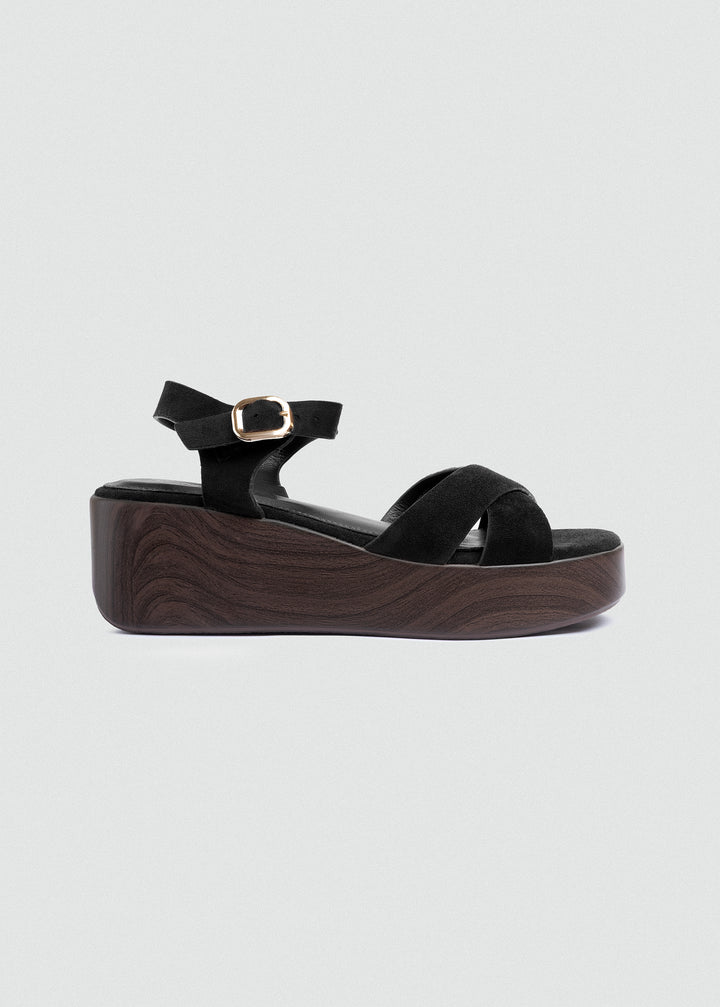 Suede Crisscross Flatform Sandals - Black