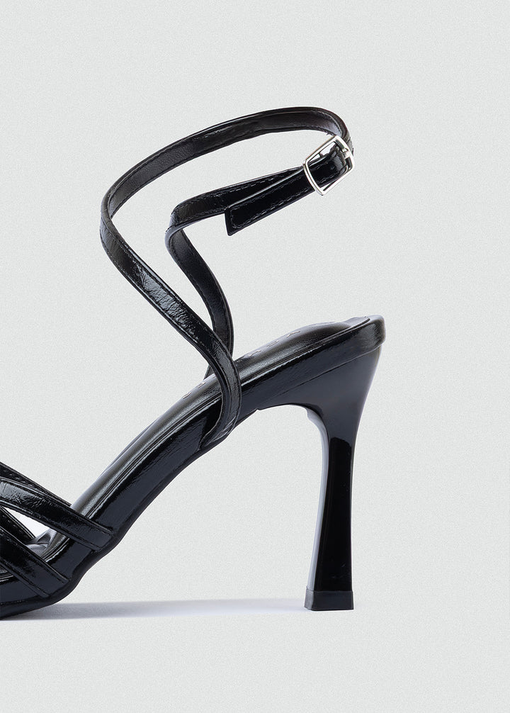 Wrap-Strap Patent Heeled Sandals - Black
