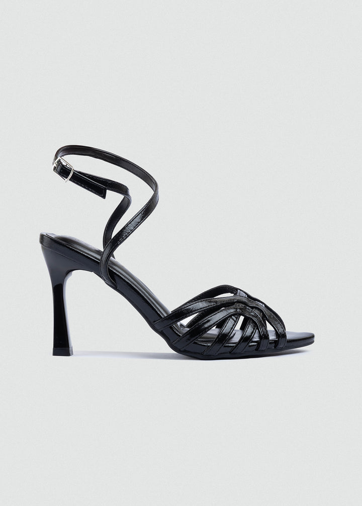 Wrap-Strap Patent Heeled Sandals - Black