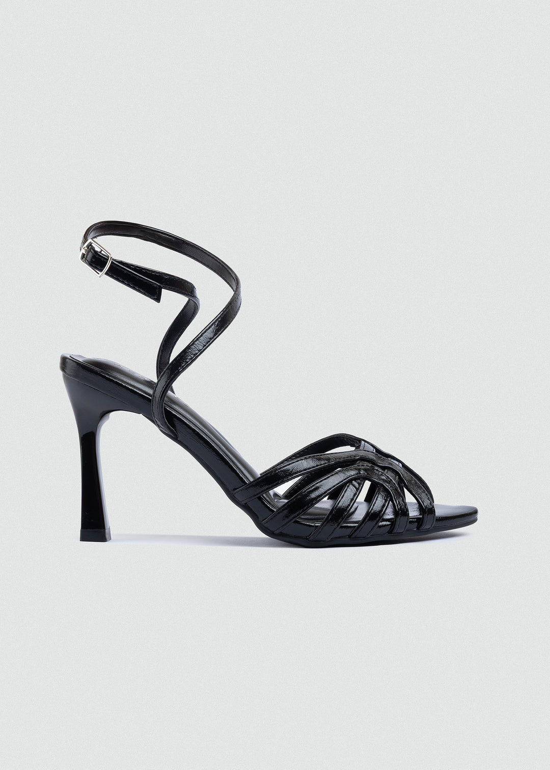 Wrap-Strap Patent Heeled Sandals - Black