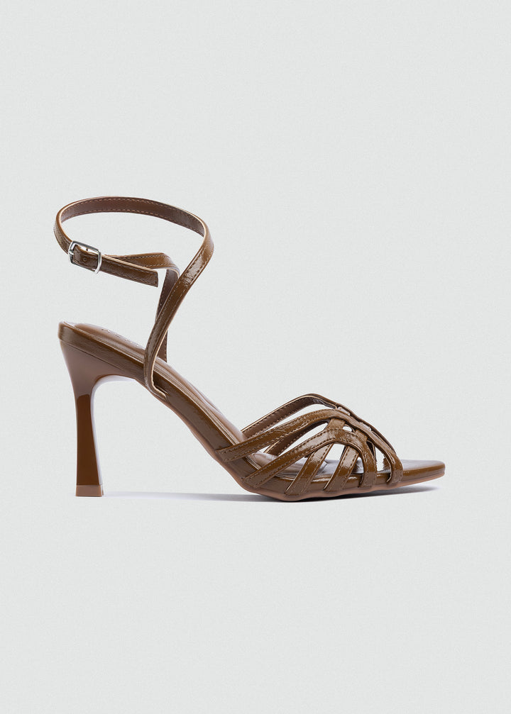 Wrap-Strap Patent Heeled Sandals - Café