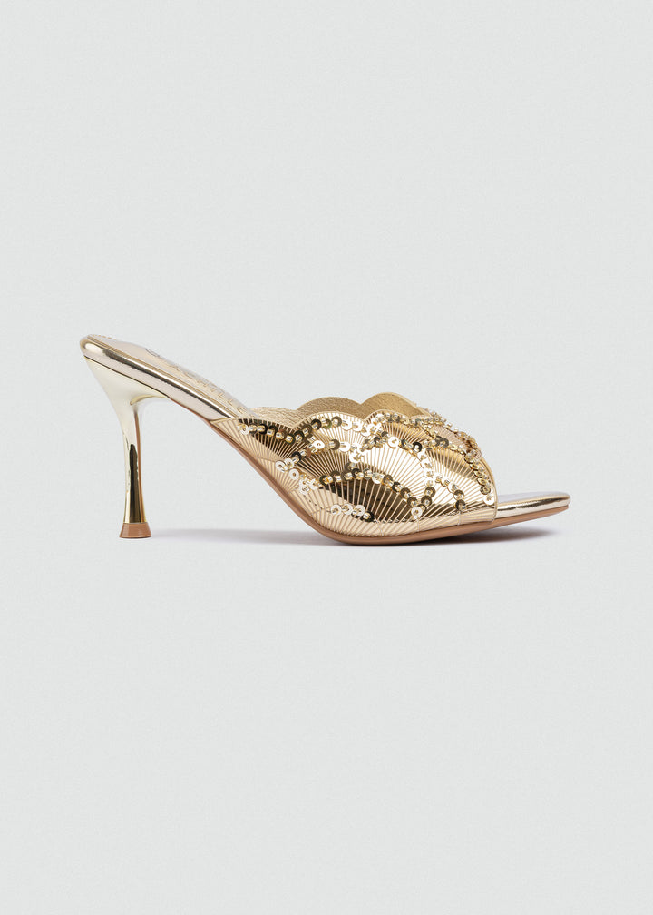 Beaded Lattice Slip-On Mules - Gold