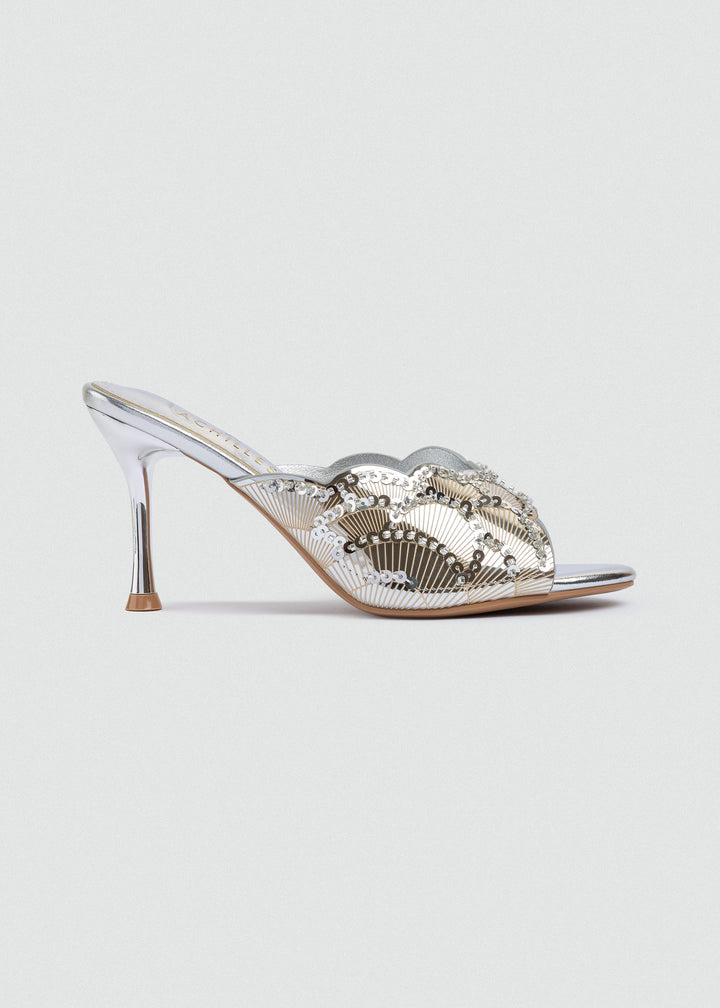 Beaded Lattice Slip-On Mules - Silver