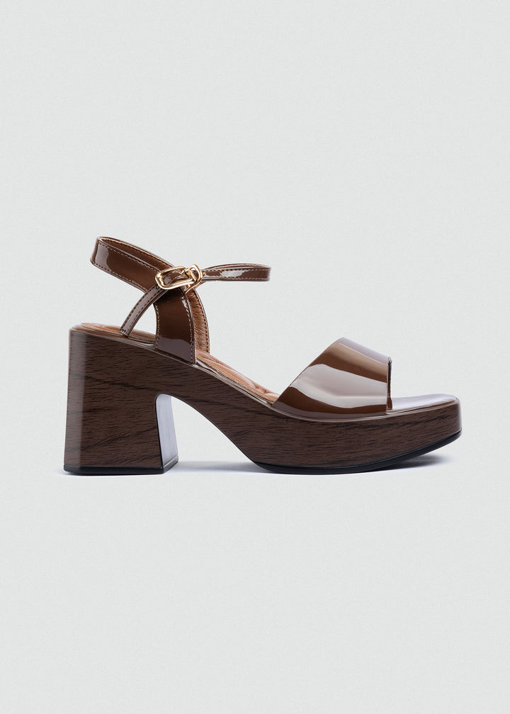 Patent Platform Block-Heel Sandals - Brown