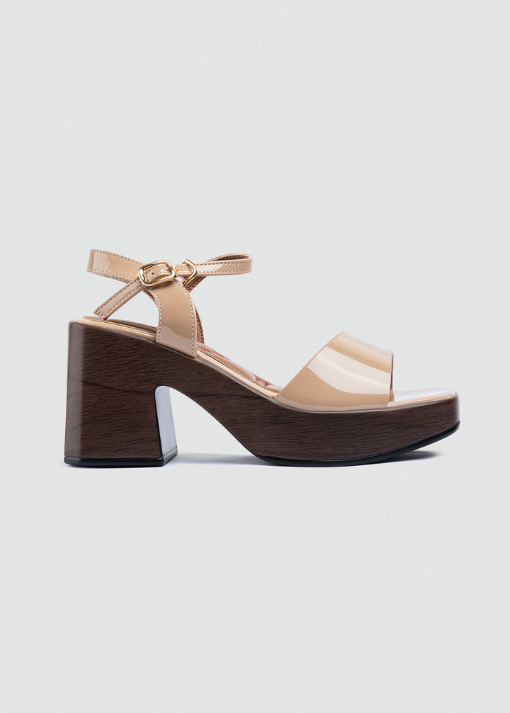 Patent Platform Block-Heel Sandals - Beige