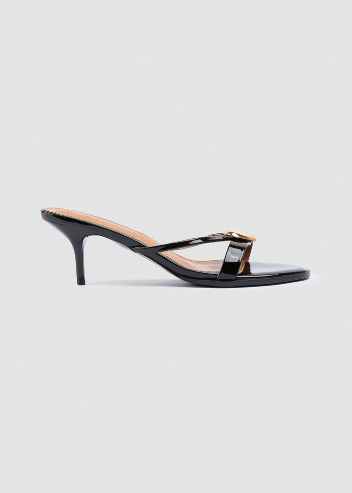 Gold Pebble Kitten-Heel Sandals - Black