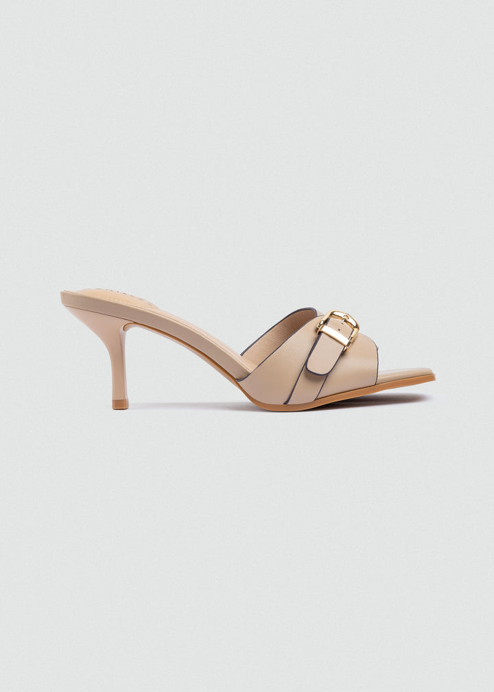 Wide-Band Buckle Slip-On Mules - Beige