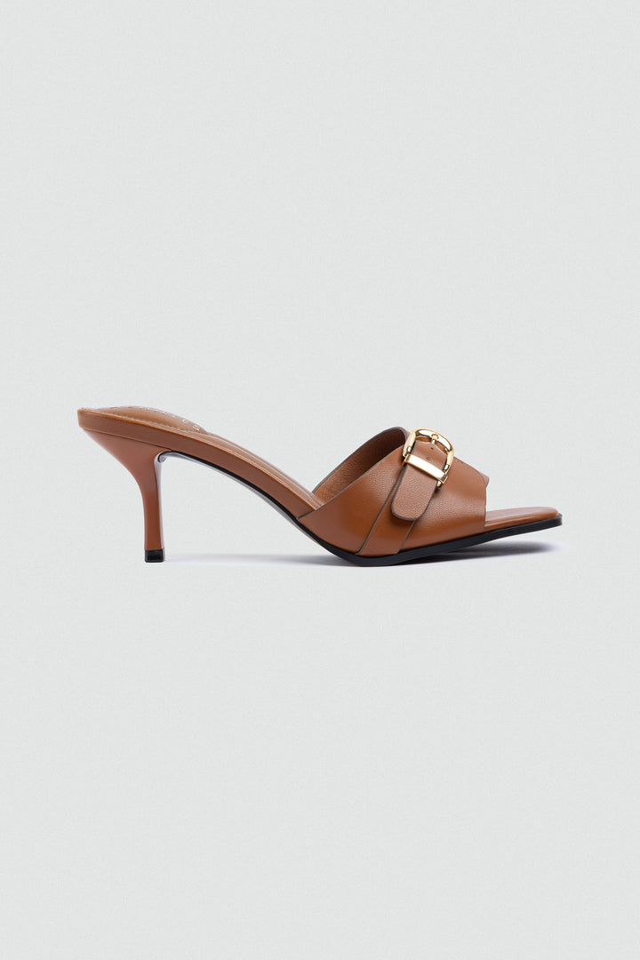 Wide-Band Buckle Slip-On Mules - Brown