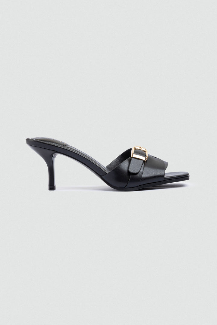 Wide-Band Buckle Slip-On Mules - Black
