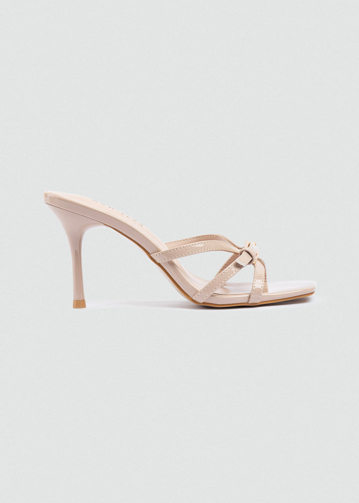 Patent Thin-Strap Buckle Mules - Beige