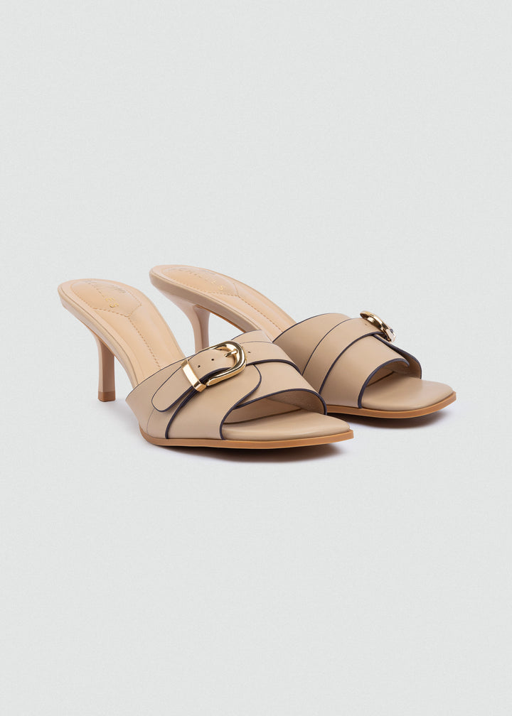 Wide-Band Buckle Slip-On Mules - Beige