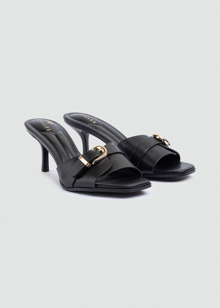 Wide-Band Buckle Slip-On Mules - Black