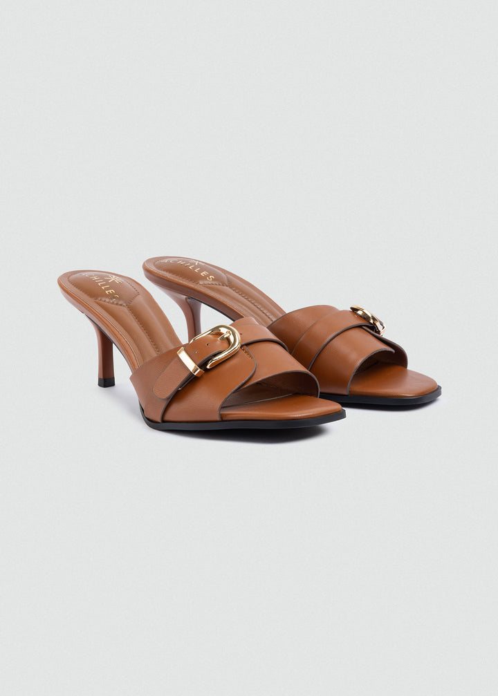 Wide-Band Buckle Slip-On Mules - Brown