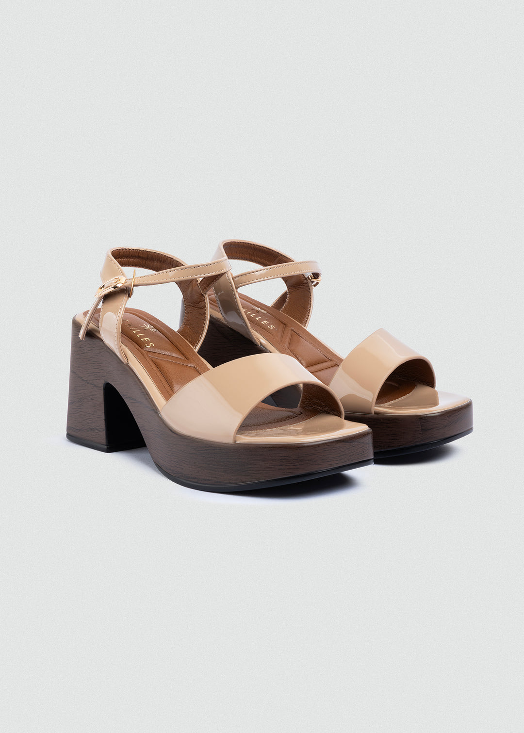 Patent Platform Block-Heel Sandals - Beige