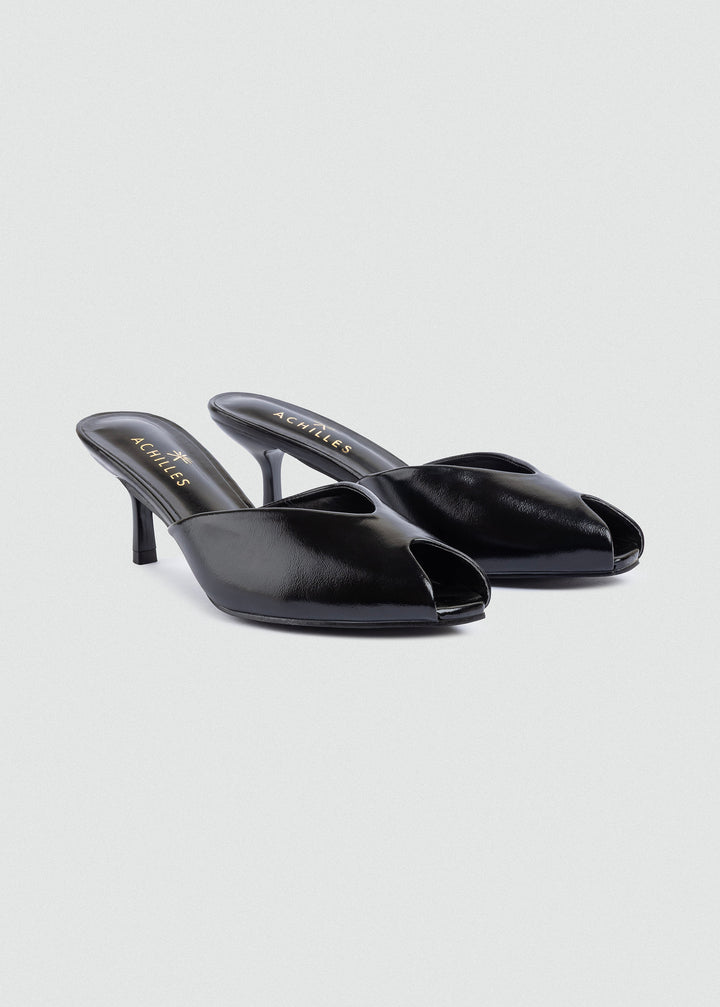 Matte leather V-Cut - Peep-Toe Mules - Black