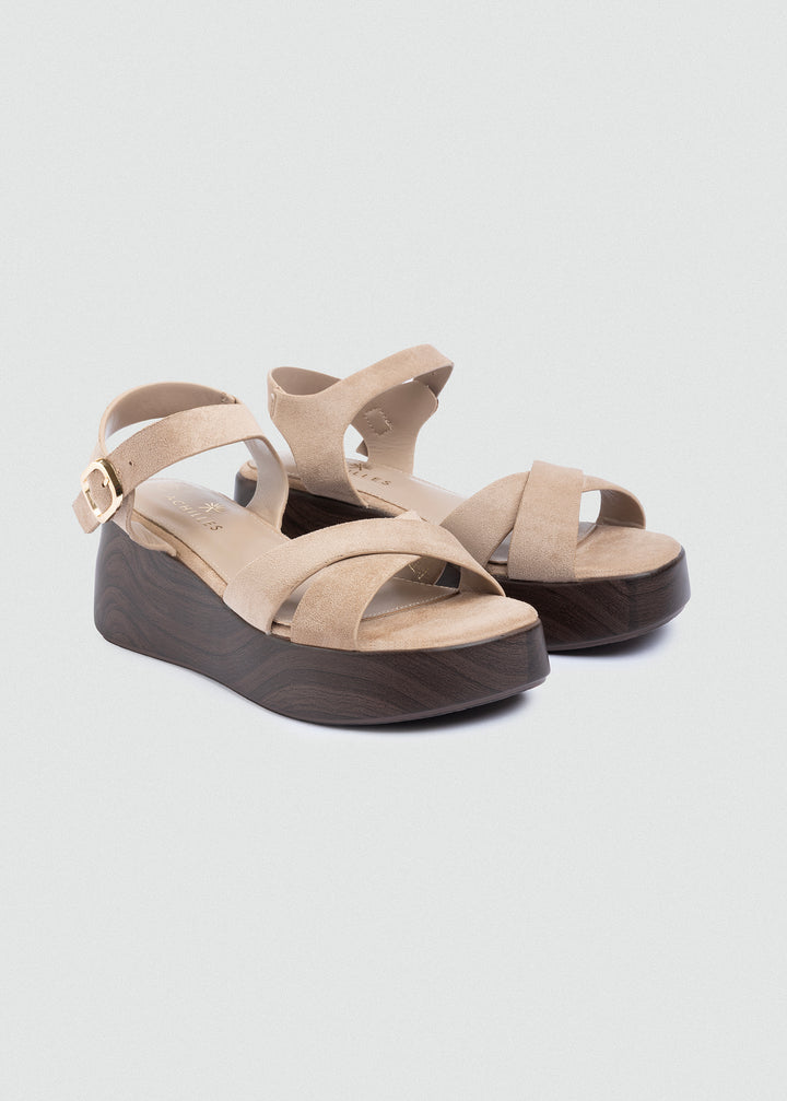Suede Crisscross Flatform Sandals - Beige