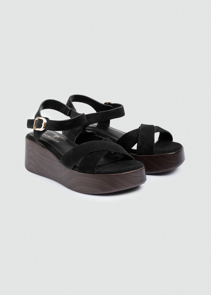 Suede Crisscross Flatform Sandals - Black