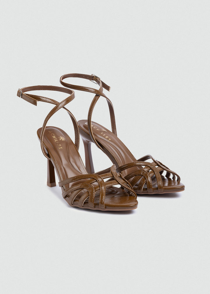 Wrap-Strap Patent Heeled Sandals - Café