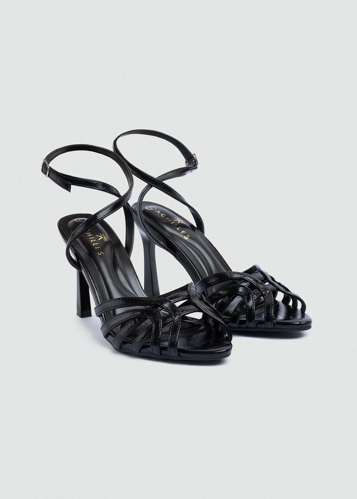 Wrap-Strap Patent Heeled Sandals - Black