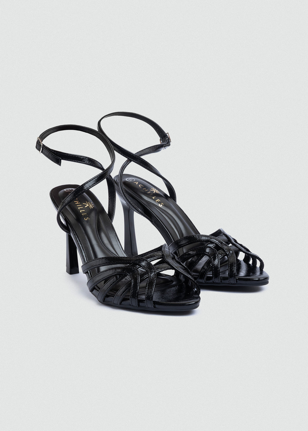 Wrap-Strap Patent Heeled Sandals - Black