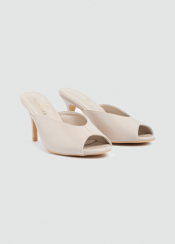 Notched Peep-Toe Slip-On Mules - Beige