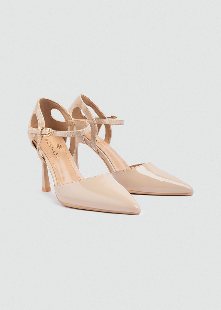 Open-Side Pointed Ankle-Strap Pumps - Beige