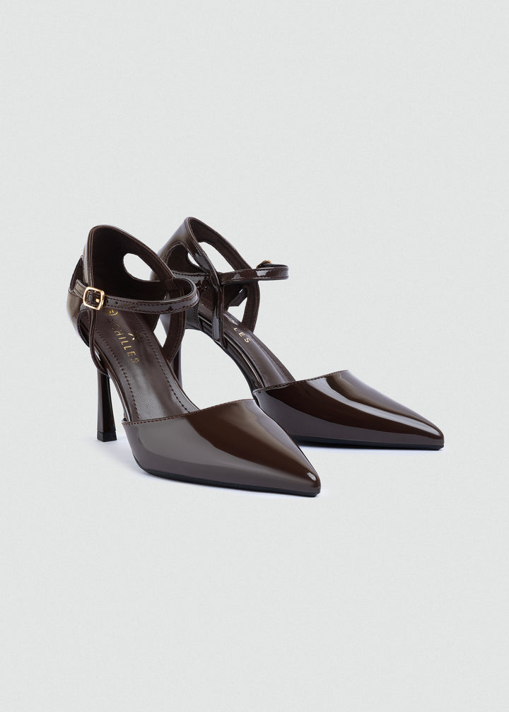 Open-Side Pointed Ankle-Strap Pumps - Brown
