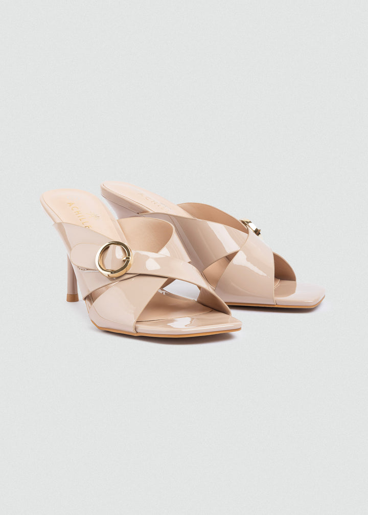 Patent Crisscross Mules with Gold Ring - Beige