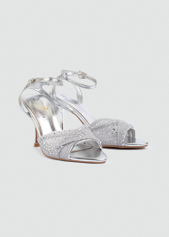 Crystal Knotted Mesh Heeled Sandals - Silver