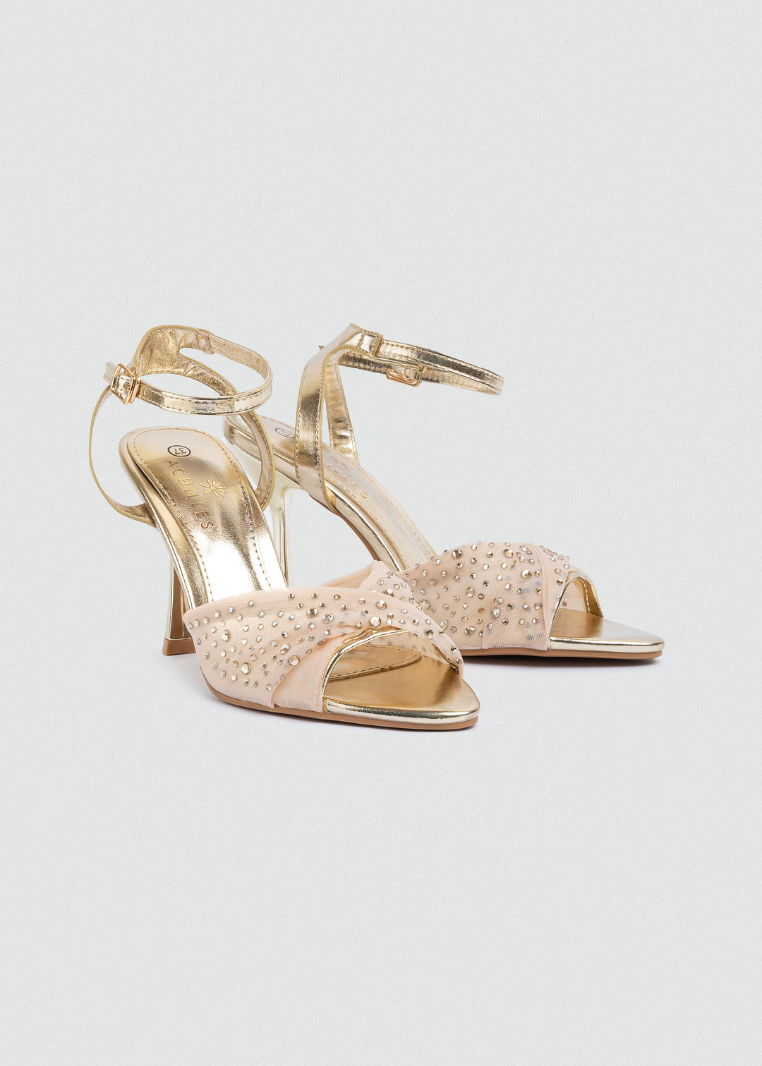 Crystal Knotted Mesh Heeled Sandals - Gold
