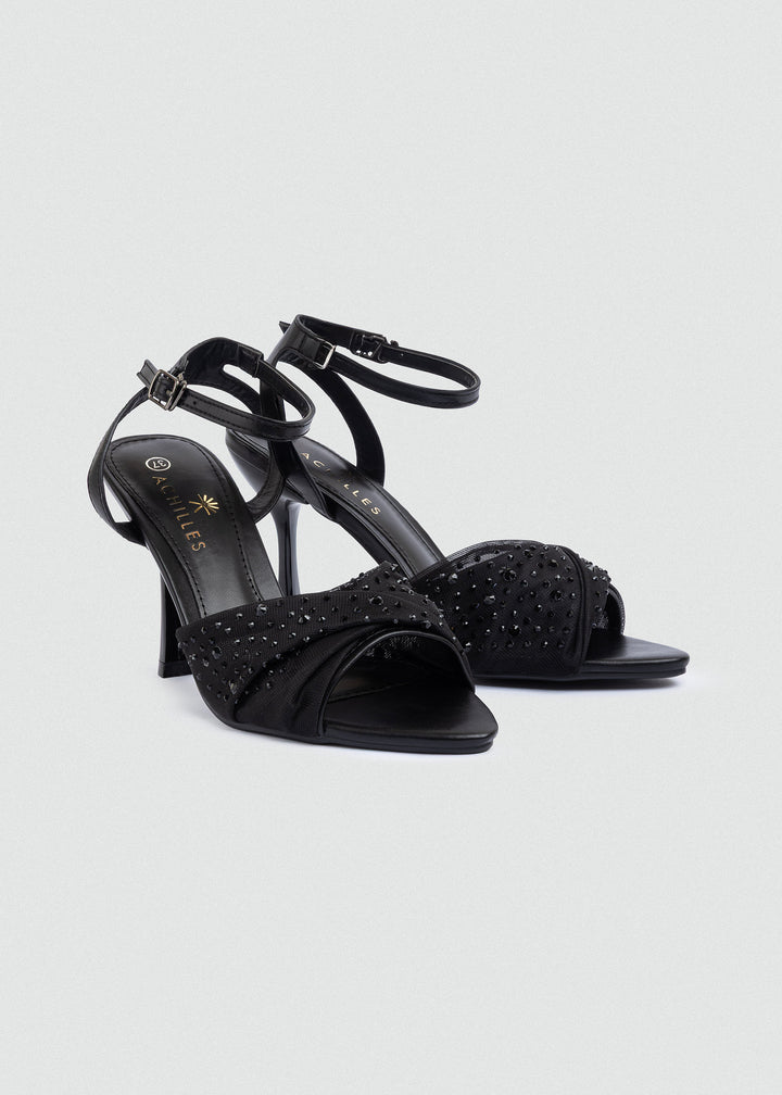 Crystal Knotted Mesh Heeled Sandals - Black